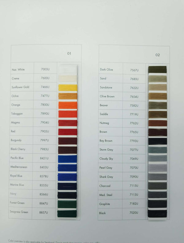 Amann OutdoorPro thread color card — all 34 colors as real thread windings, Nat. White through Black