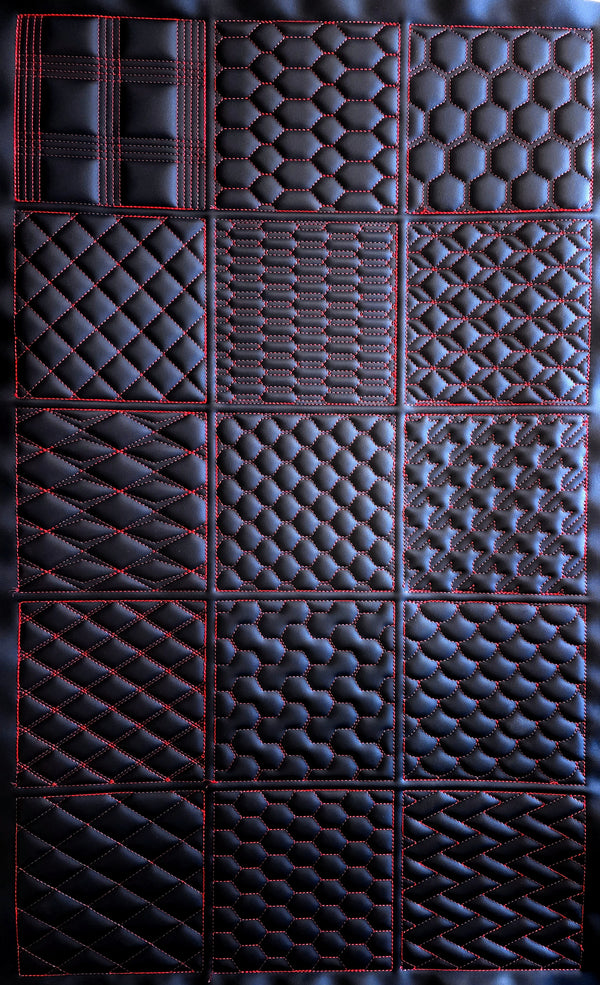 Free CNC reference panel — 15 stitch patterns sewn on black vinyl with red thread