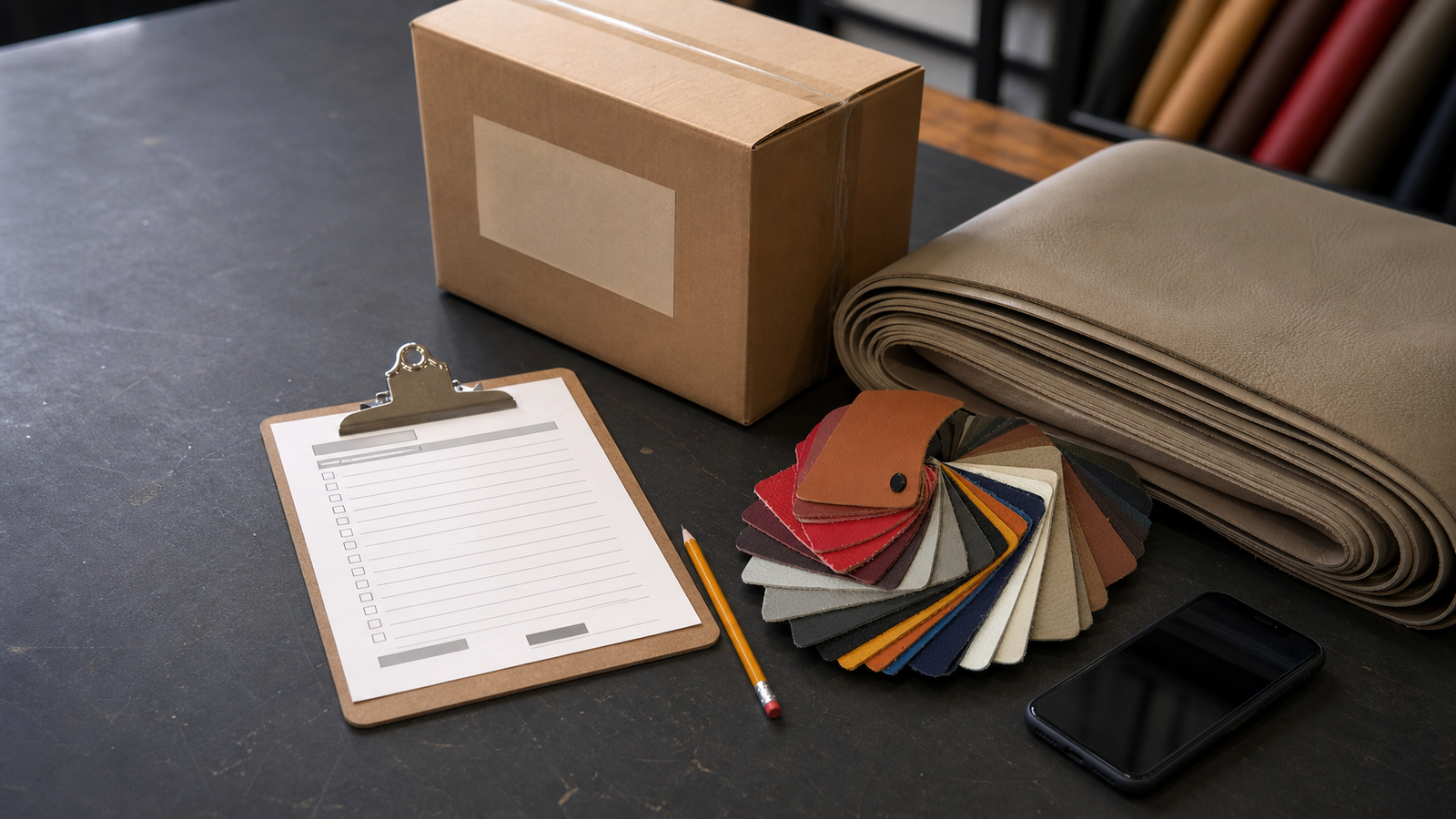 Aircraft upholstery material, shipment label and paperwork being checked at a receiving table before cutting