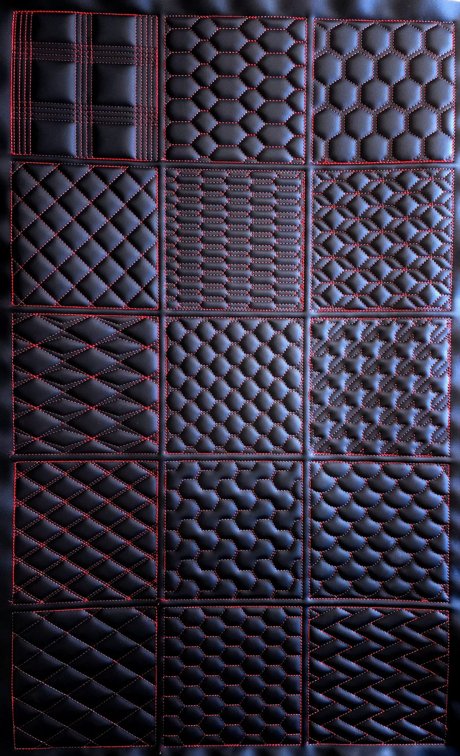 Reference panel showing CNC stitch patterns on black vinyl