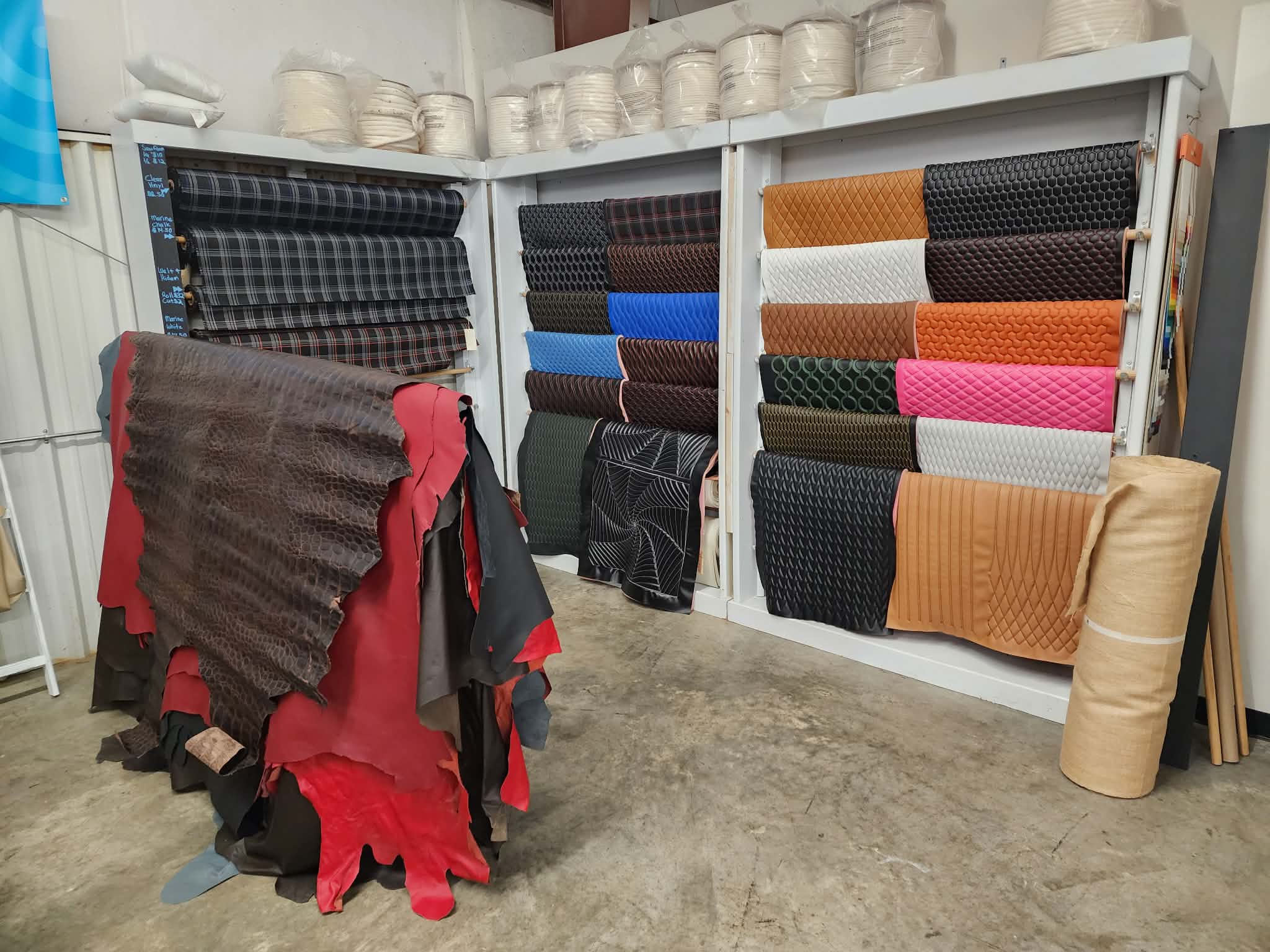 CNC sewn upholstery panels in the Carolyn Fabrics showroom