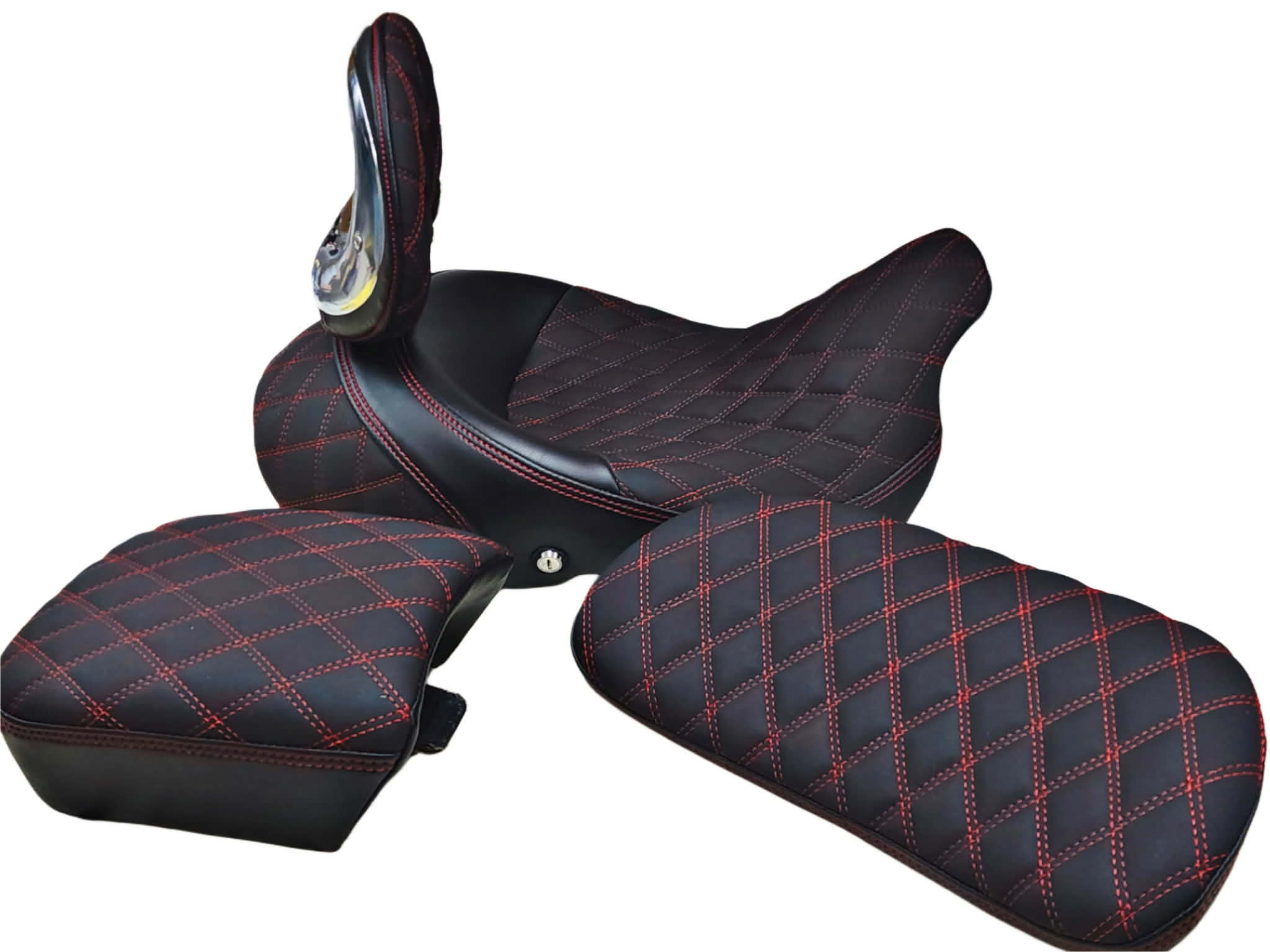 Motorcycle seat upholstered with Double Diamond CNC sewn panel, black vinyl with red stitching